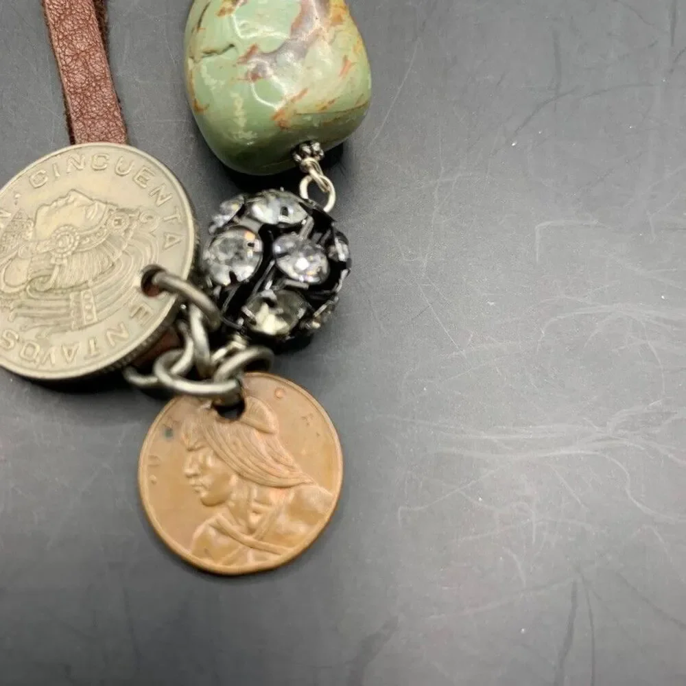 Handmade Artisan Necklace Jasper Pearl Panama Mexico Coins Leather Rhinestones